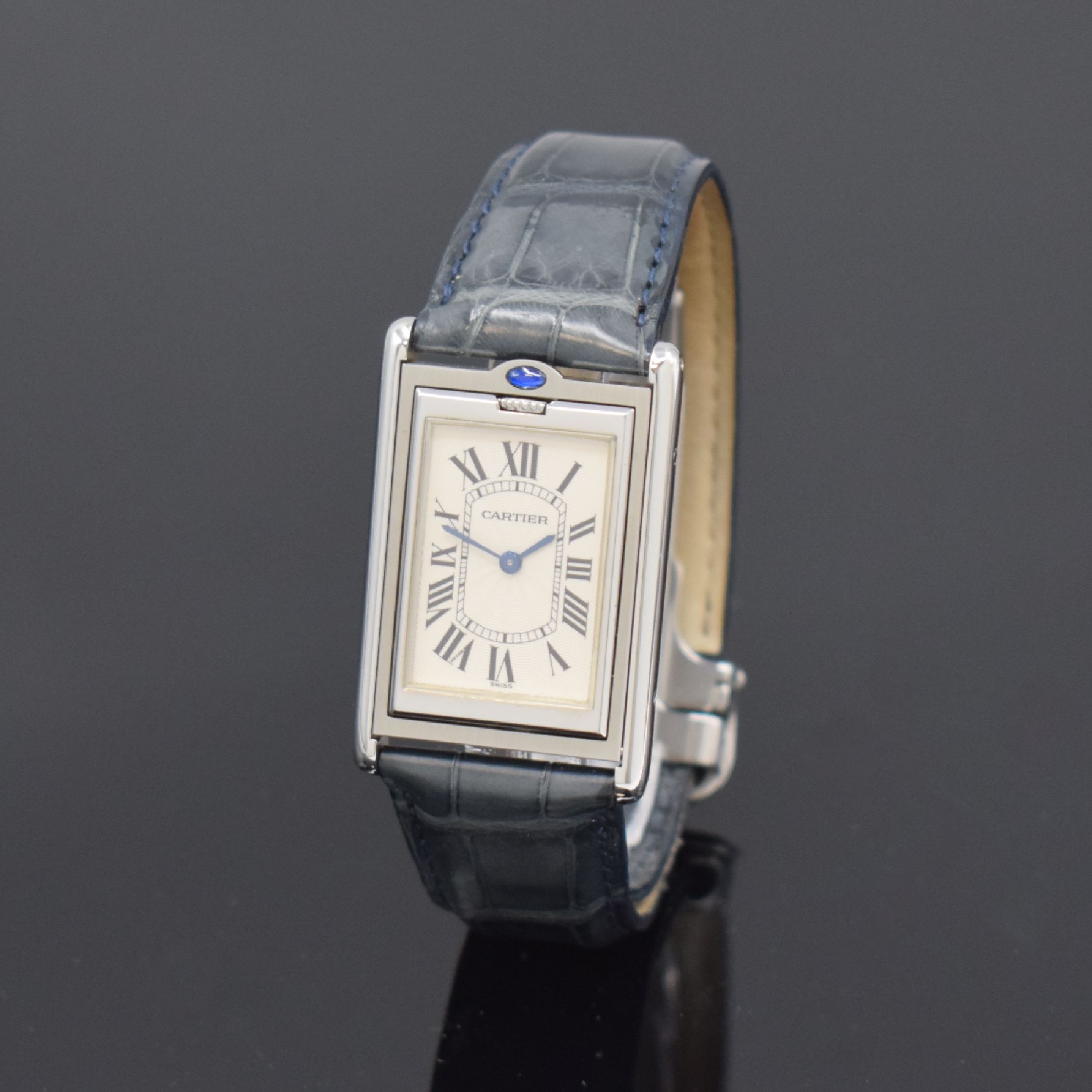 CARTIER Basculante Armbanduhr Referenz 2390,Handaufzug, Schweiz um 2000, aufwendiges Edelstahl Wendegehäuse inkl. orig. Lederband m. orig. ...