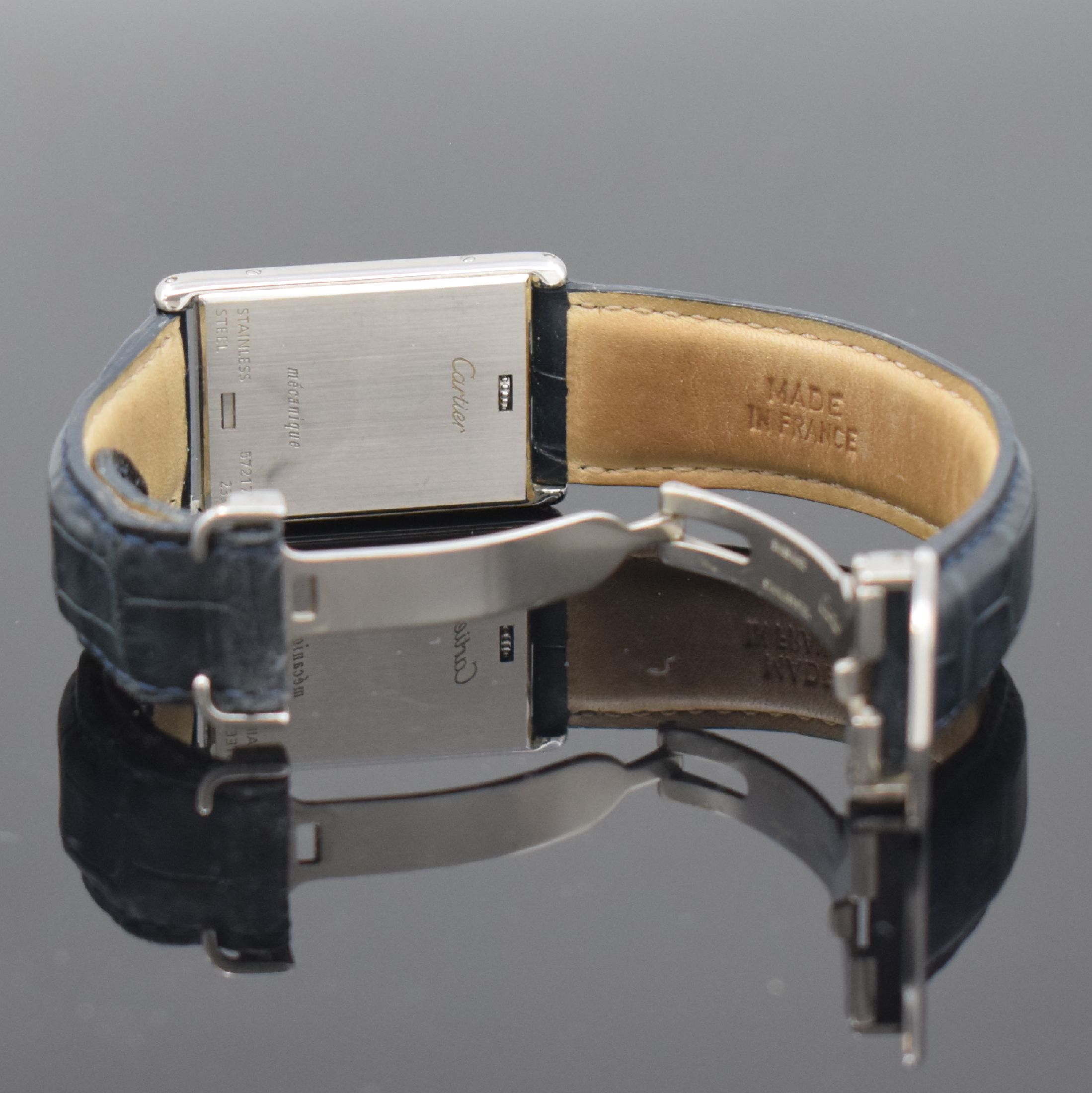 Detail g: CARTIER Basculante Armbanduhr Referenz 2390,Handaufzug, Schweiz um 2000, aufwendiges Edelstahl Wendegehäuse inkl. orig. Lederband m. orig. ...