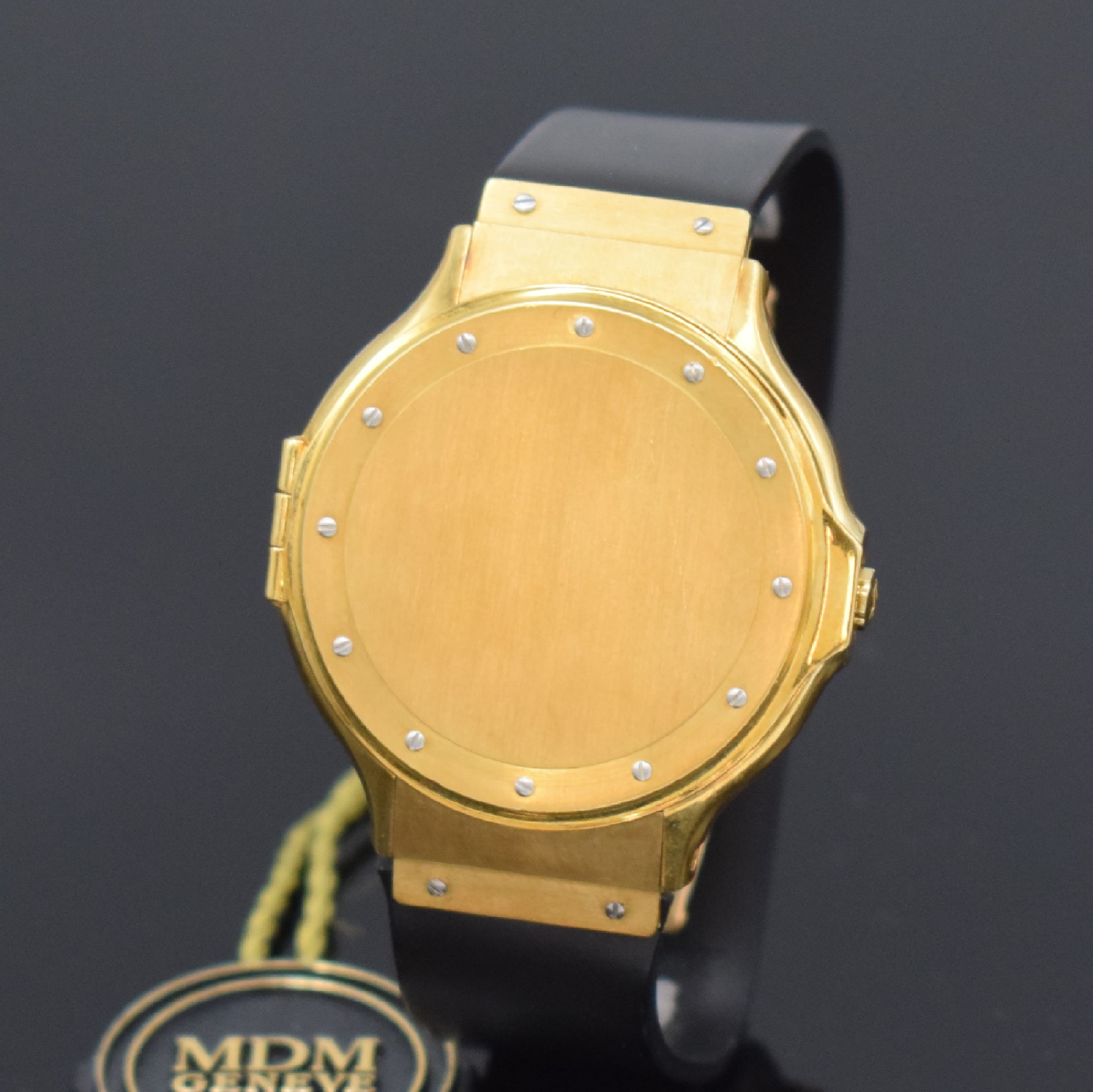 Detail a: HUBLOT MDM Armbanduhr in GG 750/000, Schweiz um 1988, orig. Kautschukband m. dopp. Faltschl. in GG 750/000, Boden 6-fach verschr., über Zifferbl. ...