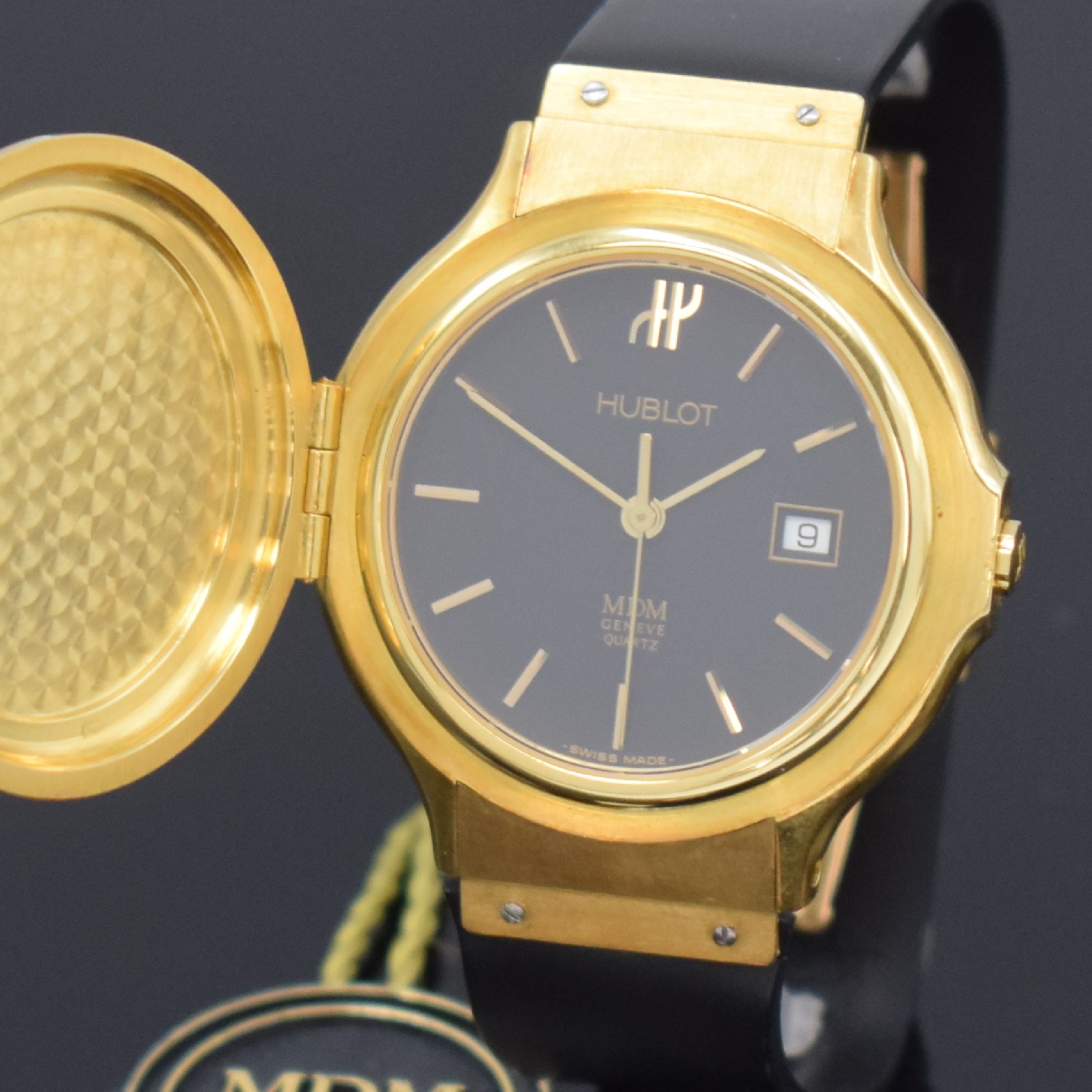 Detail c: HUBLOT MDM Armbanduhr in GG 750/000, Schweiz um 1988, orig. Kautschukband m. dopp. Faltschl. in GG 750/000, Boden 6-fach verschr., über Zifferbl. ...