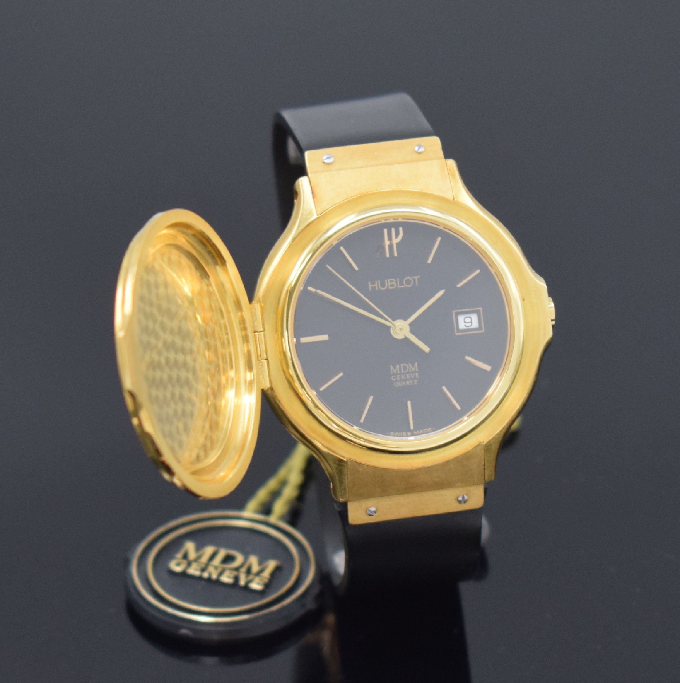 Detail d: HUBLOT MDM Armbanduhr in GG 750/000, Schweiz um 1988, orig. Kautschukband m. dopp. Faltschl. in GG 750/000, Boden 6-fach verschr., über Zifferbl. ...
