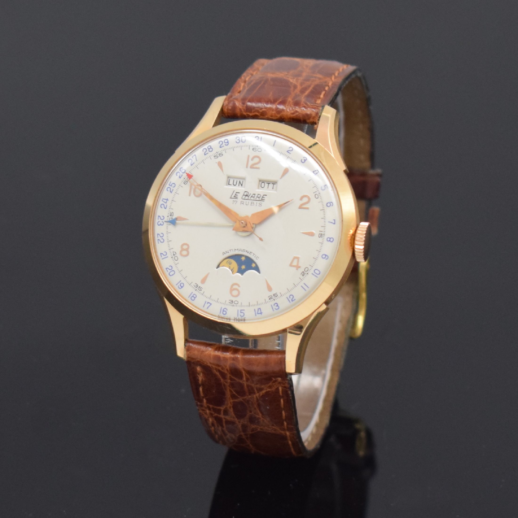 LE PHARE Herrenarmbanduhr mit Vollkalenderanzeige in Roségold 750/000 Referenz 3808, Handaufzug, Schweiz um 1950, Boden und Glasrand aufgedr., vers. ...