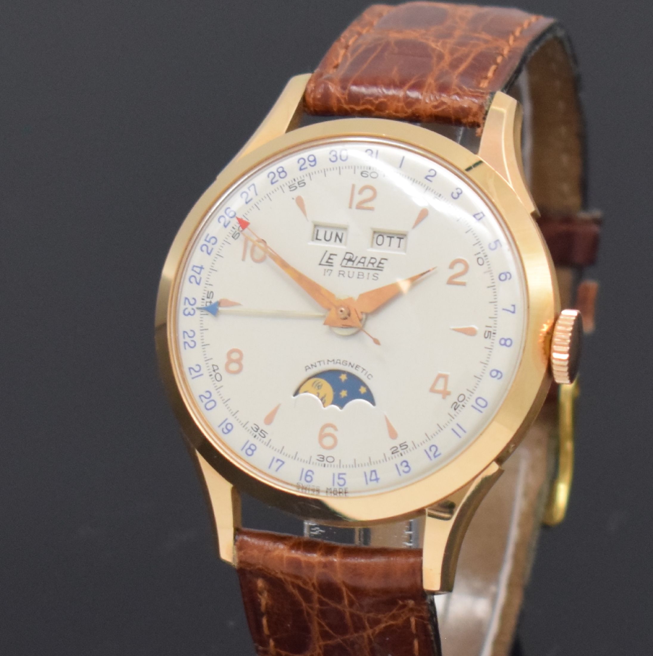 Detail a: LE PHARE Herrenarmbanduhr mit Vollkalenderanzeige in Roségold 750/000 Referenz 3808, Handaufzug, Schweiz um 1950, Boden und Glasrand aufgedr., vers. ...