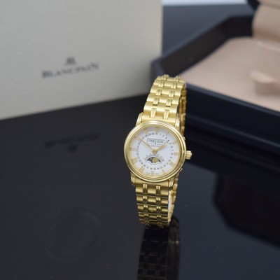 Image BLANCPAIN 18k yellow gold ladies wristwatch with full calendar reference 6395, self winding, solid, two-piece construction gold case including bracelet with deployant clasp, snap on bezel, enamel colored dial with Roman hours, display of hours, minutes, day, date, month and moon phase, correction at the sides in case inserted, diameter approx. 26,5 mm, length approx. 18 cm, original box & papers, condition 2
