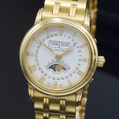 26651213a - BLANCPAIN 18k yellow gold ladies wristwatch with full calendar reference 6395, self winding, solid, two-piece construction gold case including bracelet with deployant clasp, snap on bezel, enamel colored dial with Roman hours, display of hours, minutes, day, date, month and moon phase, correction at the sides in case inserted, diameter approx. 26,5 mm, length approx. 18 cm, original box & papers, condition 2