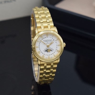 26651213c - BLANCPAIN 18k yellow gold ladies wristwatch with full calendar reference 6395, self winding, solid, two-piece construction gold case including bracelet with deployant clasp, snap on bezel, enamel colored dial with Roman hours, display of hours, minutes, day, date, month and moon phase, correction at the sides in case inserted, diameter approx. 26,5 mm, length approx. 18 cm, original box & papers, condition 2
