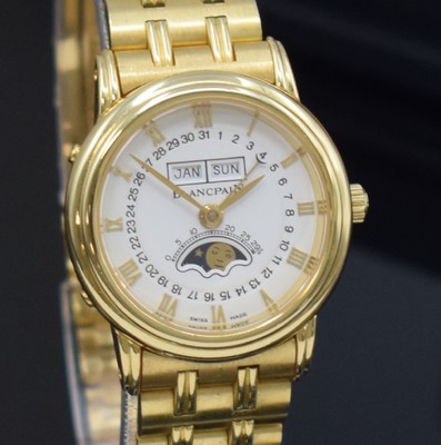 26651213d - BLANCPAIN 18k yellow gold ladies wristwatch with full calendar reference 6395, self winding, solid, two-piece construction gold case including bracelet with deployant clasp, snap on bezel, enamel colored dial with Roman hours, display of hours, minutes, day, date, month and moon phase, correction at the sides in case inserted, diameter approx. 26,5 mm, length approx. 18 cm, original box & papers, condition 2