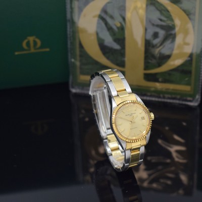 26651241b - BAUME & MERCER ladies wristwatch Baumatic reference 1215 2, self winding, stainless steel/gold combined including bracelet with deployant clasp, screwed down case back, fluted bezel, gold-plated dial with raised indices, display of hours, minutes, sweep seconds & date, diameter approx. 25 mm, length approx. 17 cm, original box and papers, sold in September 1975, condition 2, property of a collector