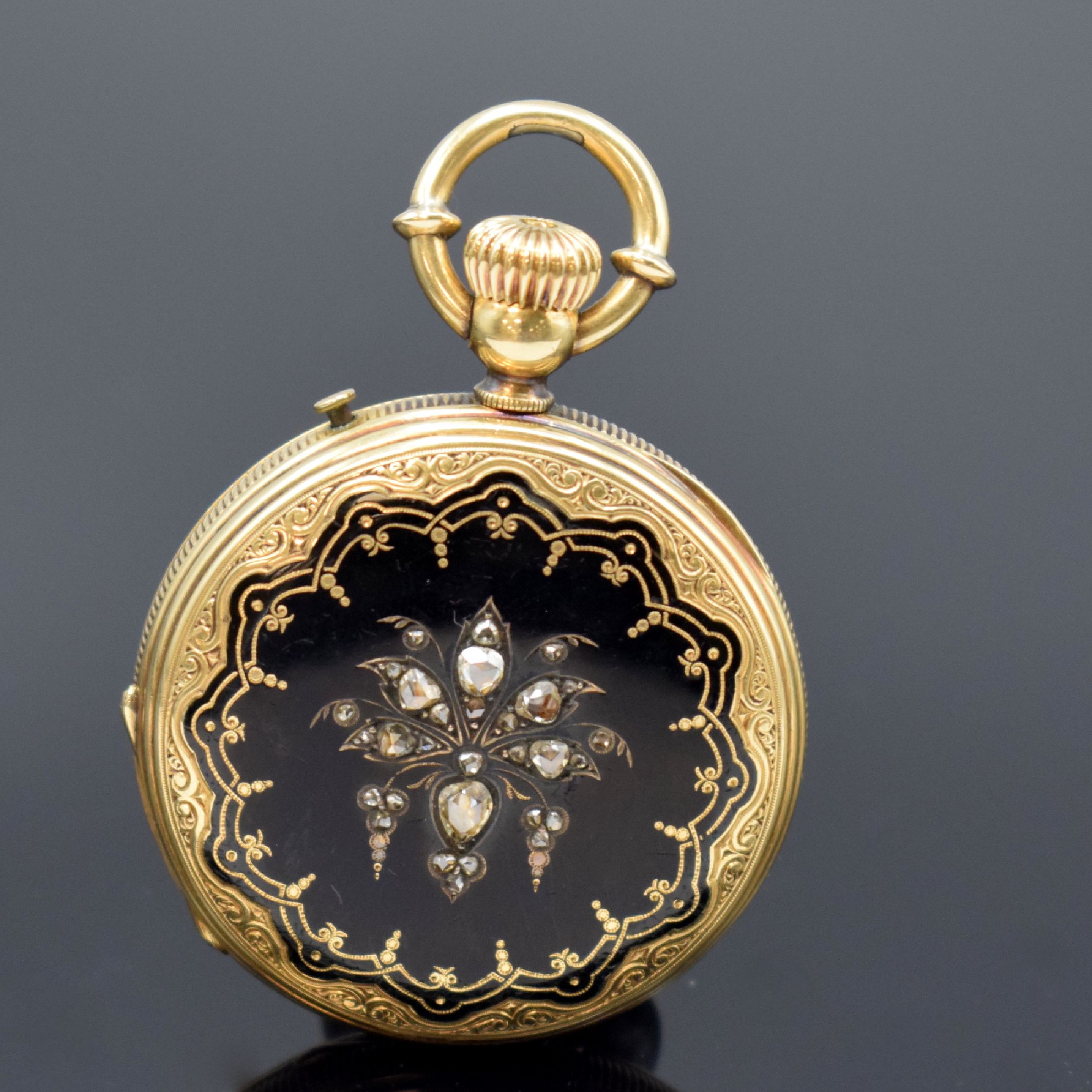 Detail c: A.FUESLIN & Cie Diamantbesetzte Halbsavonette in GG 750/000, Schweiz um 1870, beids. schwarz emaill. 3-Deckel Goldgeh., gerippter Rand, 2-tlg. ...