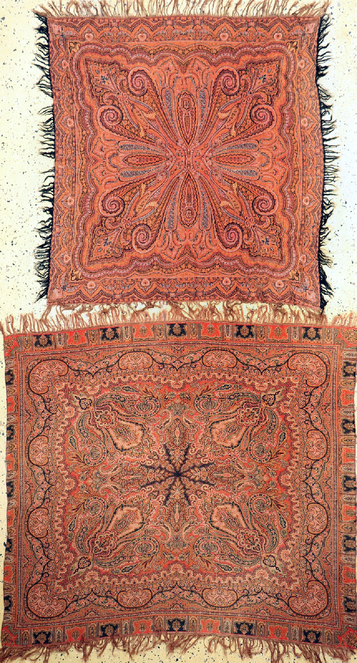2 Kaschmir Schal, Indien, ca. 60 Jahre, Baumwolle, ca. 130 x 114 cm, EHZ: 2
