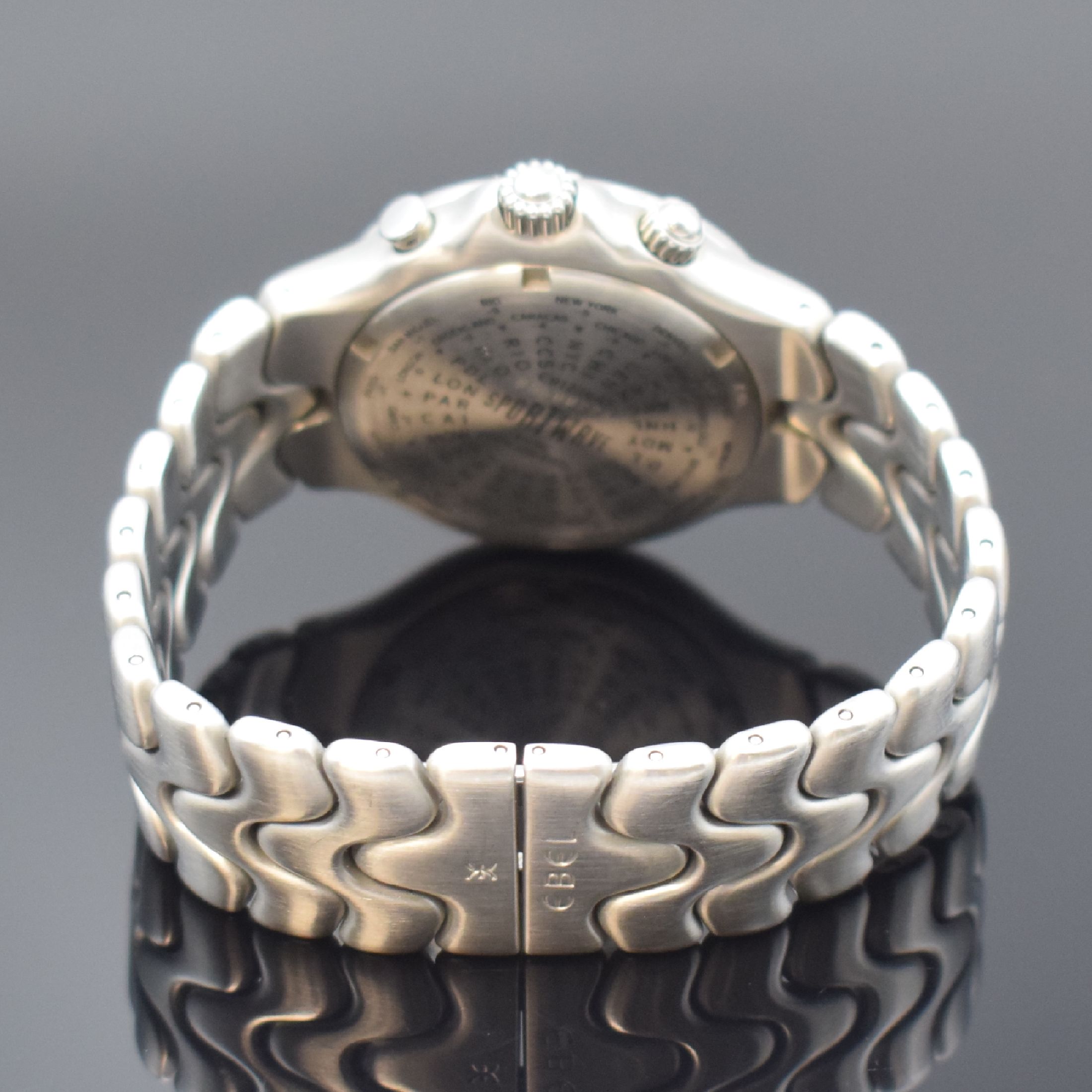 Detail c: EBEL Herrenarmbanduhr Modell Sportwave Meridian Worldtimer, Schweiz um 1995, Automatik, Edelstahlgeh. inkl. Wellengliederband m. dopp. Faltschl., ...