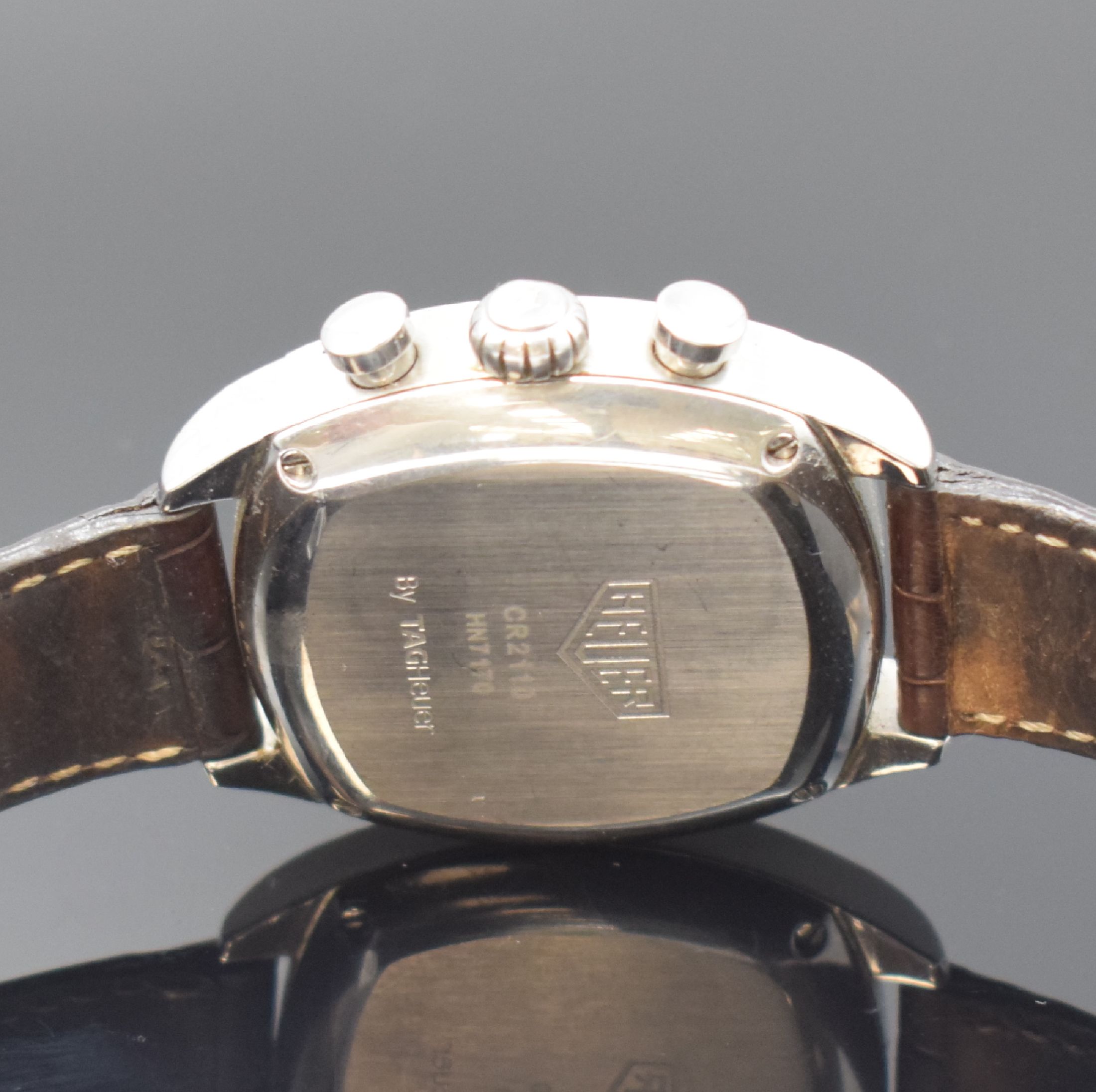 Detail d: HEUER Monza Herrenarmbanduhr mit Chronograph Referenz CR2110, Schweiz um 2000, Automatik, 2-teil. Edelstahlgeh., Boden 4-fach verschr., orig. ...