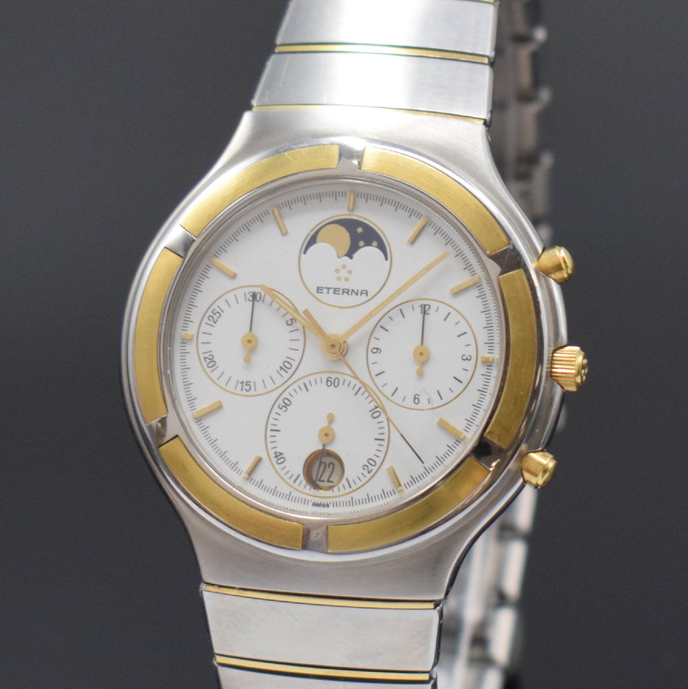 Detail a: ETERNA Herrenchronograph Airforce in Stahl/Gold, quarz, Ref. 850.4334.42 S, orig. Gliederband m. dopp. Faltschl., Boden 4 -fach verschr., weißes ...