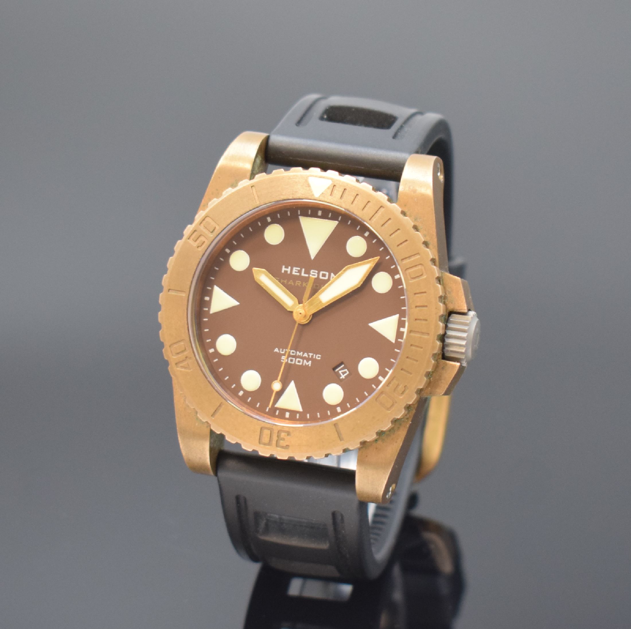HELSON Shark Diver Herrenarmbanduhr in Bronze, Schweiz verk. lt. beil. Garantiekarte 05/2013, Automatik, Titanboden u. Krone verschr., Kautschukband ...