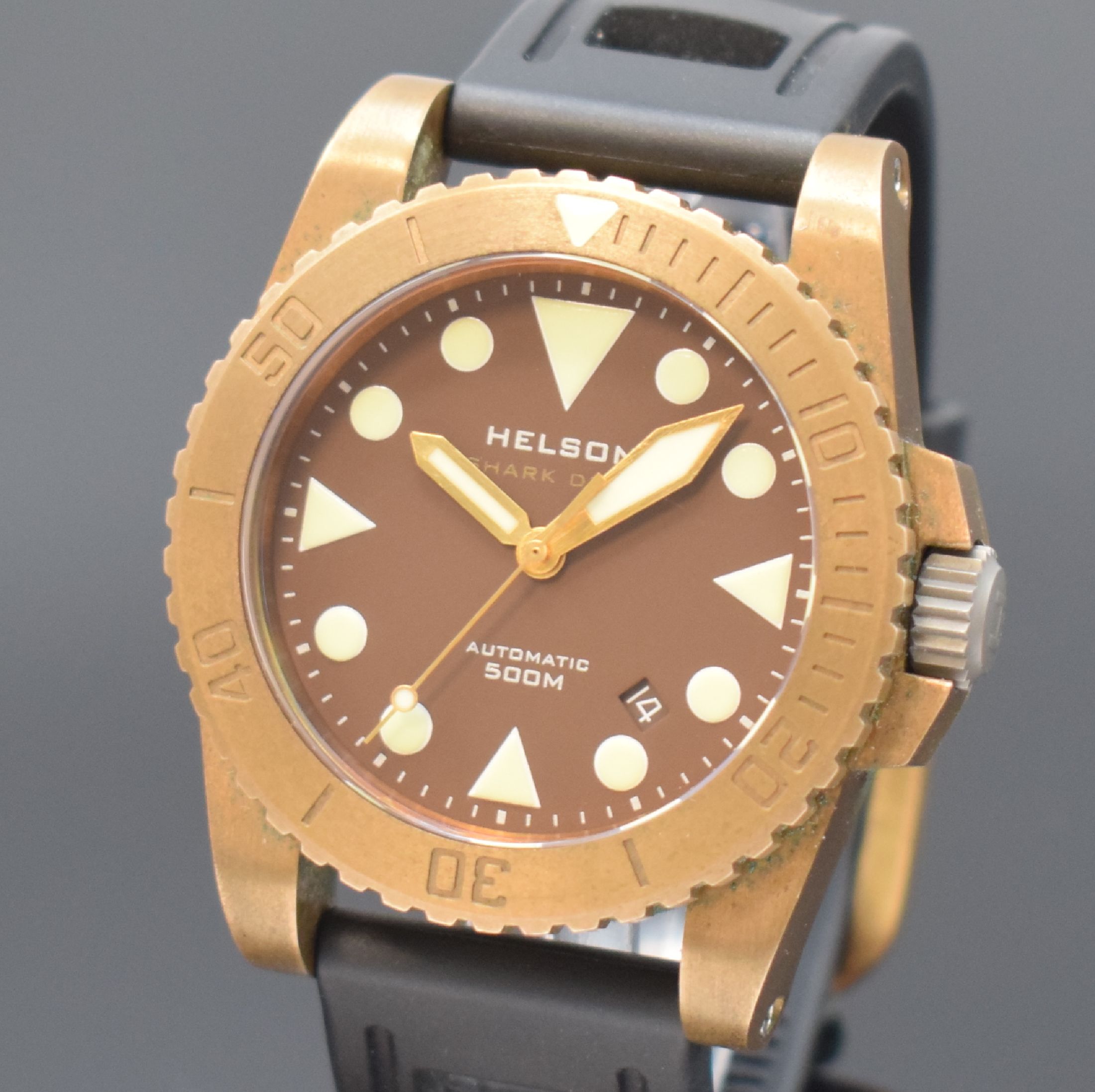 Detail a: HELSON Shark Diver Herrenarmbanduhr in Bronze, Schweiz verk. lt. beil. Garantiekarte 05/2013, Automatik, Titanboden u. Krone verschr., Kautschukband ...