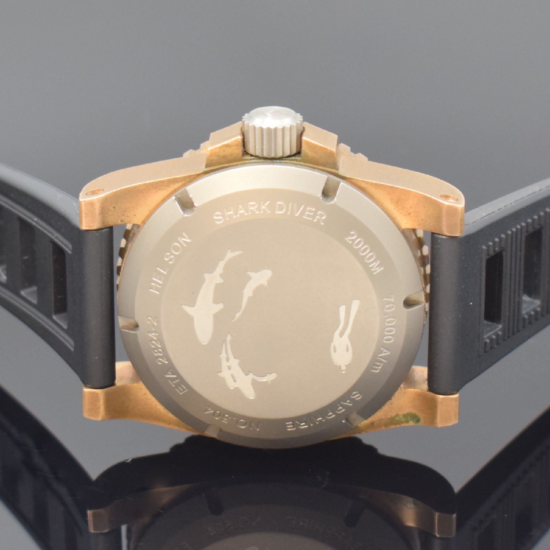Detail d: HELSON Shark Diver Herrenarmbanduhr in Bronze, Schweiz verk. lt. beil. Garantiekarte 08/2011, Automatik, Titanboden und Krone verschr., Kautschukband ...