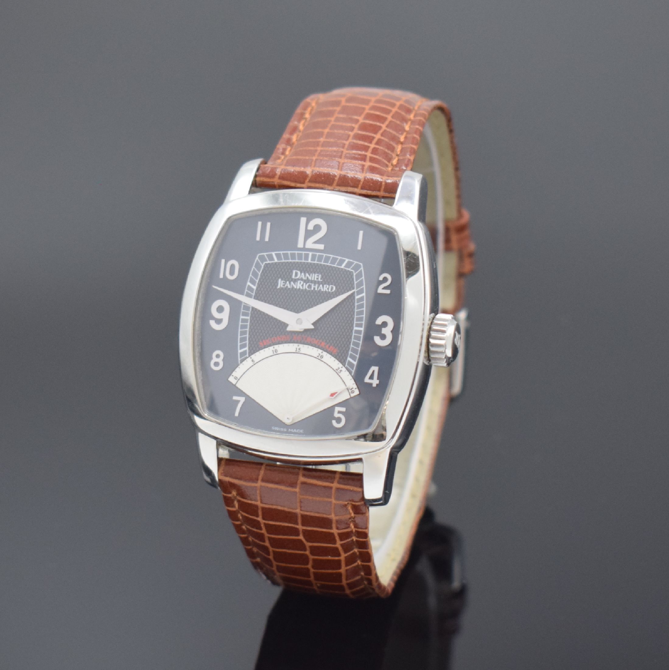 DANIEL JEAN RICHARD Armbanduhr mit retrograder Sekunde in Stahl Referenz 45006, Schweiz um 2000, Automatik, beids. vergl. Tonneau-Geh., Boden 4-fach ...