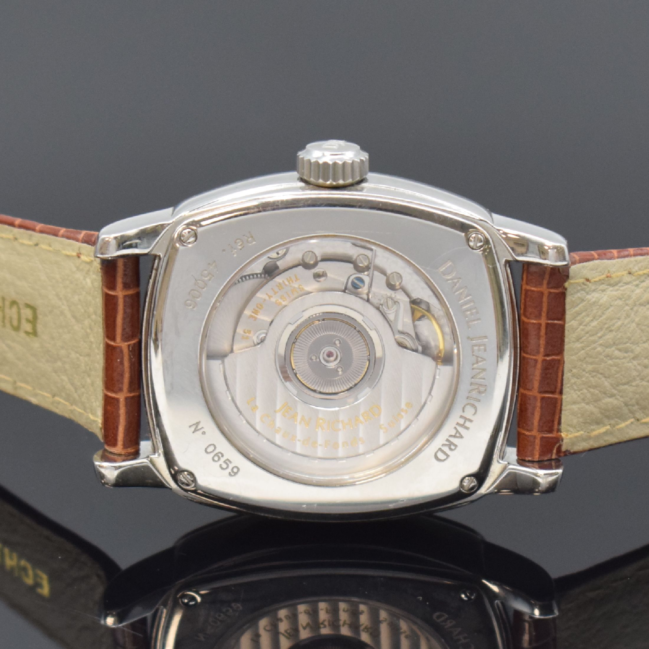Detail c: DANIEL JEAN RICHARD Armbanduhr mit retrograder Sekunde in Stahl Referenz 45006, Schweiz um 2000, Automatik, beids. vergl. Tonneau-Geh., Boden 4-fach ...