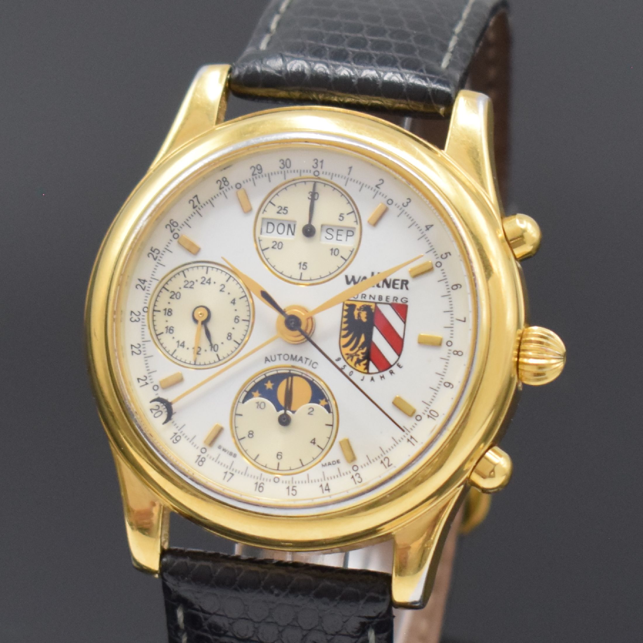 Detail a: WALLNER Armbandchronograph "950 Jahre Nürnberg" mit Vollkalender und Mondphase, Schweiz um 2000, Automatik, verg. Geh. beids. vergl., ...