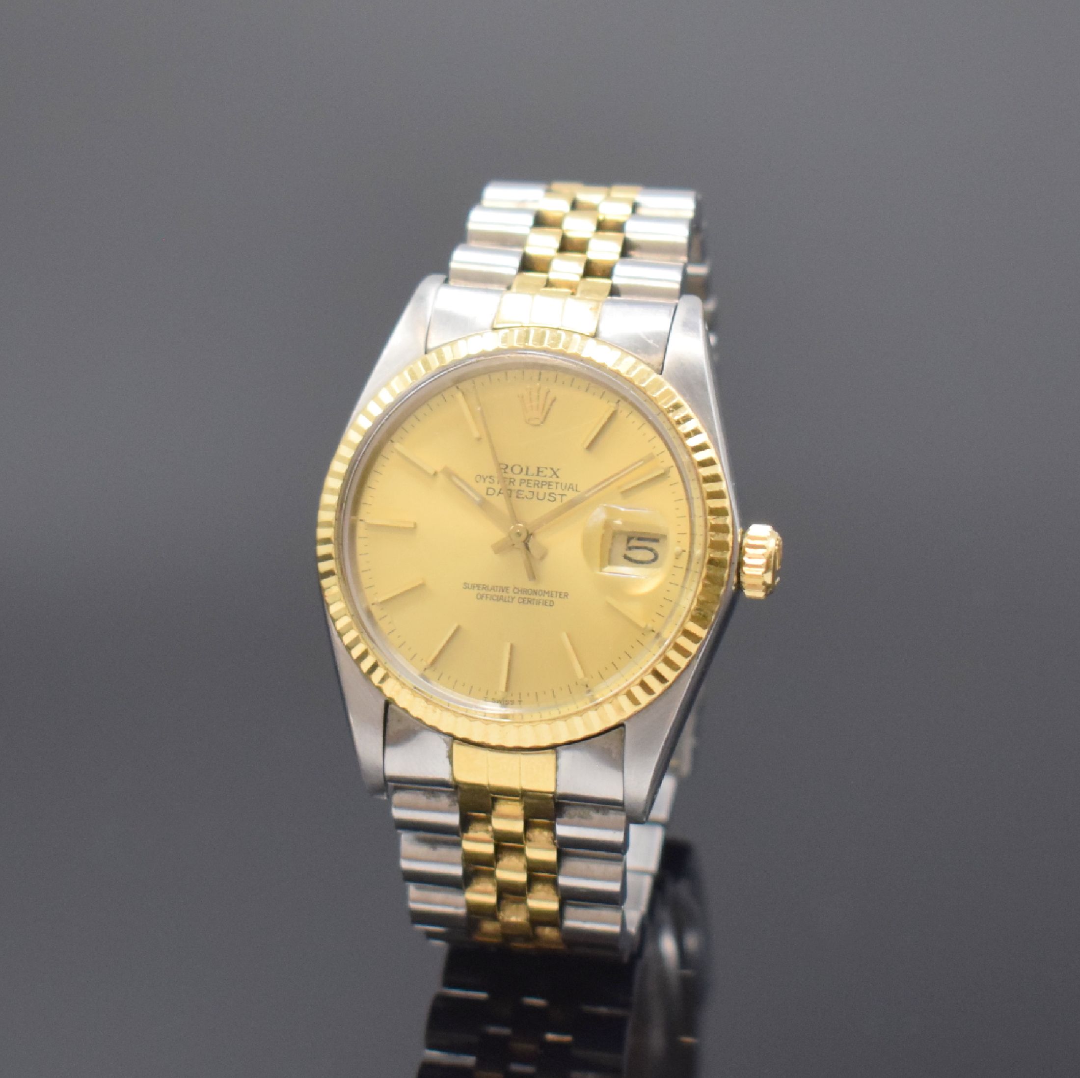 ROLEX Datejust Referenz 16013 Herrenarmbanduhr in Stahl/Gold, Schweiz um 1984, Automatik, verschr. Oystergeh., Jubileeband Ref. 62523H.18, ...