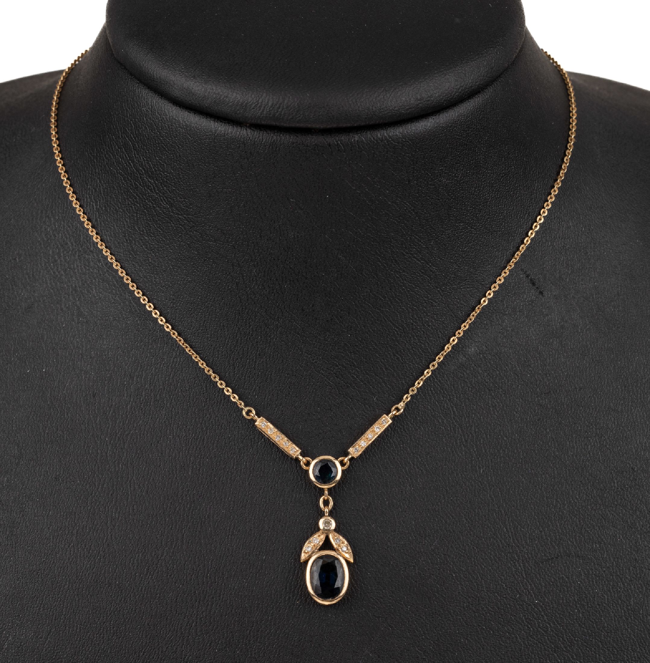14 kt Gold Saphir Diamant Collier, GG 585/ 000, Mittelteil bes. mit 2 facett. Saphiren zus. ca. 1.50 ct, kl. Diamantbesatz zus. ca. 0.15 ct ...
