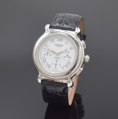 HERMES Kepler Herrenchronograph in Stahl Referenz KP1.910, Schweiz um 2000, Automatik, beids. vergl. Geh., Boden 8-fach verschr., weißes Zifferbl. ...