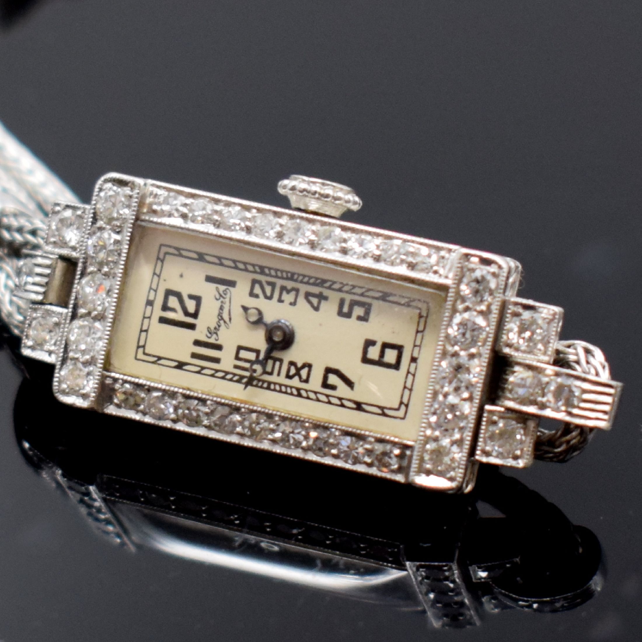 Detail a: C.H.MEYLAN Brassus für GROGAN Co sehr feine diamantbesetzte Art-Deco Damenuhr in Platin, Schweiz / USA um 1920, Handaufzug, floral verziertes ...