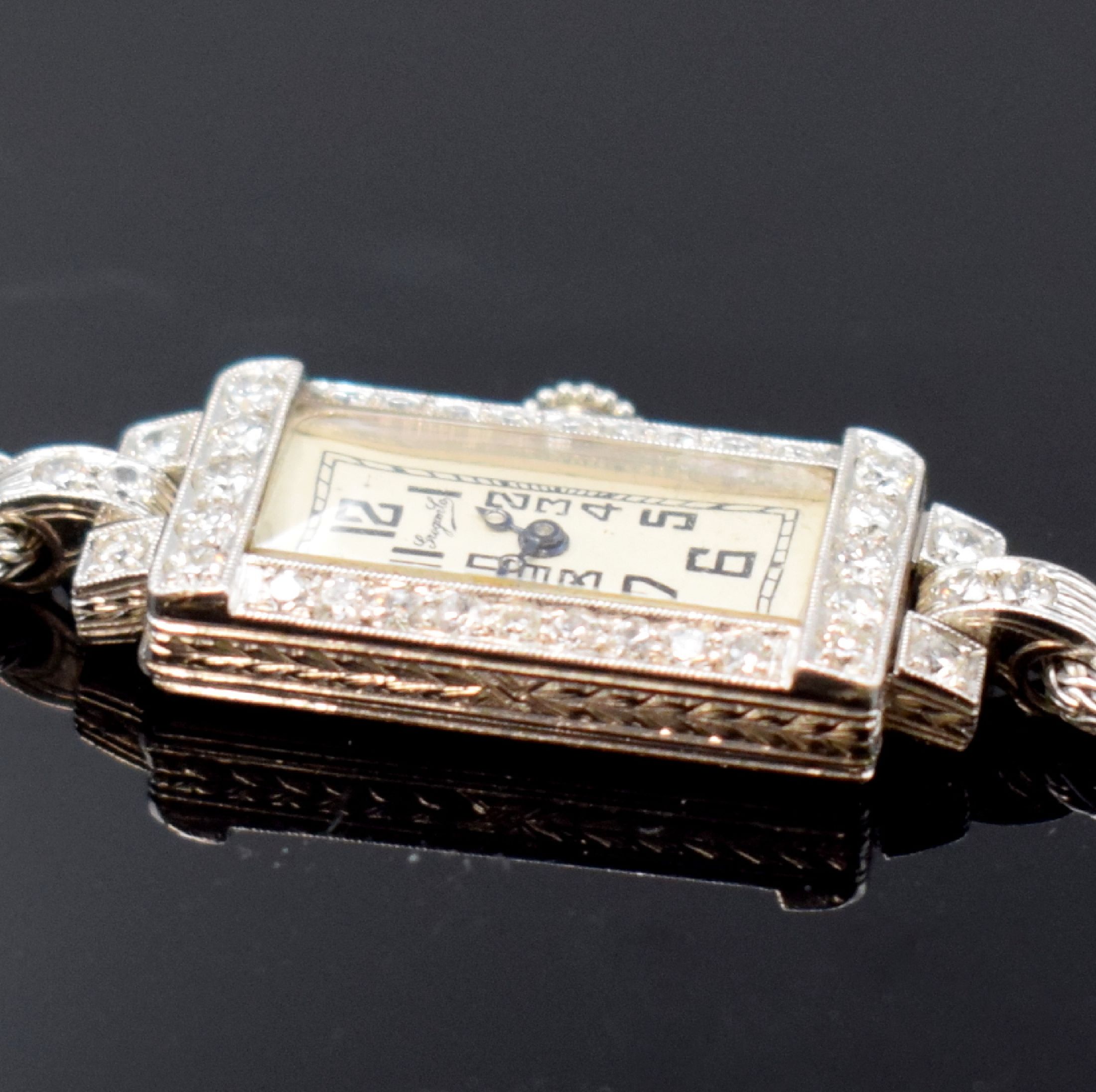Detail b: C.H.MEYLAN Brassus für GROGAN Co sehr feine diamantbesetzte Art-Deco Damenuhr in Platin, Schweiz / USA um 1920, Handaufzug, floral verziertes ...