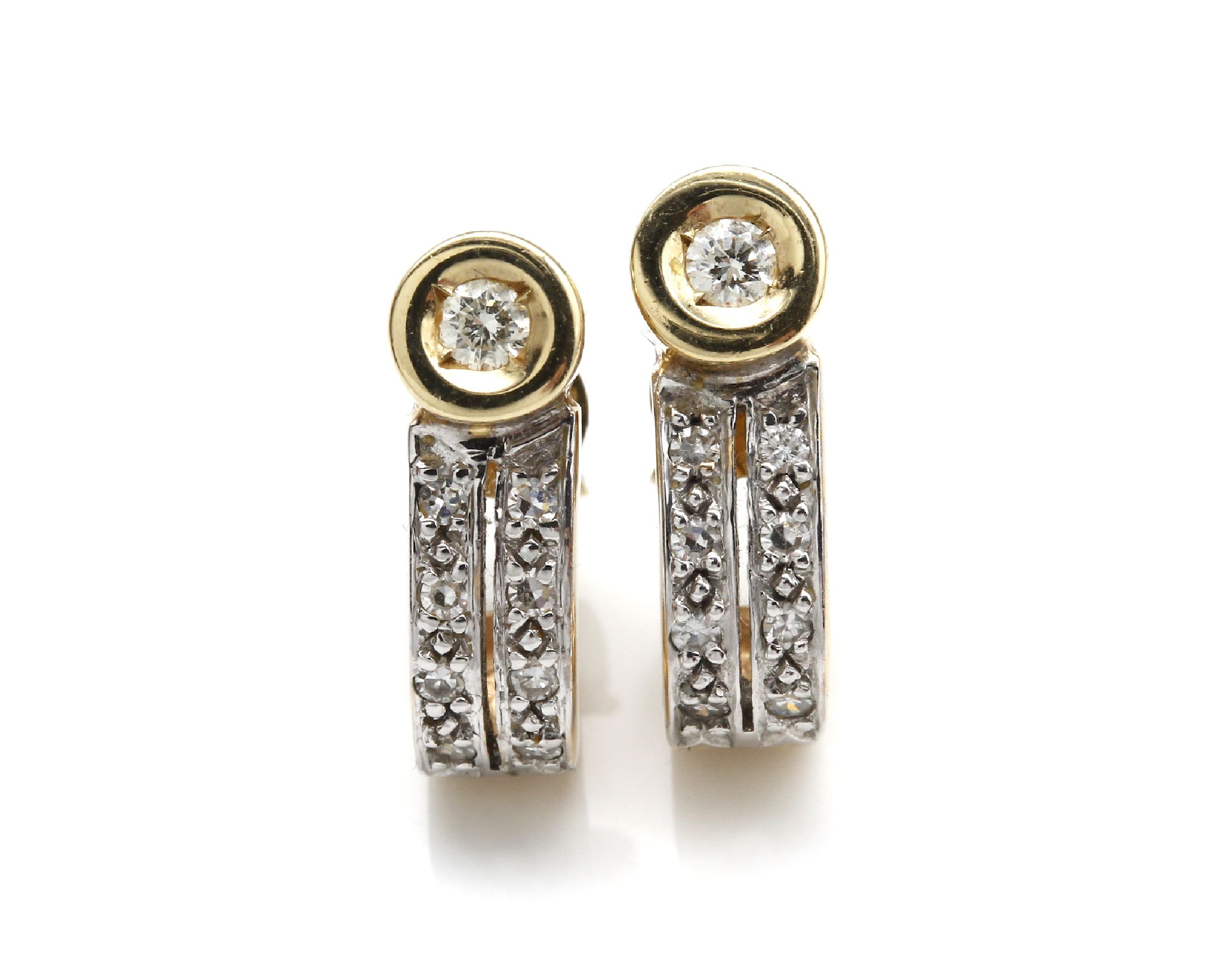 Paar 14 kt Gold Diamant Ohrstecker, GG/WG 585/000, bes. mit 2 Brillanten und 16 8/8- Diamanten zus. ca. 0.50 ct Weiß/si, ca. 4.4 g,L. ca. 1.5 cm