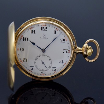 OMEGA Herrensavonette in GG 585/000, Schweiz um 1925, spezielles patentiertes Geh., guill., Metallcuvette m. Medaillengrav., Emailzifferbl., gebl. ...
