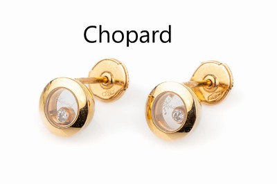 Paar 18 kt Gold CHOPARD Ohrstecker,  Serie Happy Diamond, RG 750/000, 2 bewegl. Diamanten unter Glas zus. ca. 0.10 ct feines Weiß/lp-vvs, Orig.-Etui ...