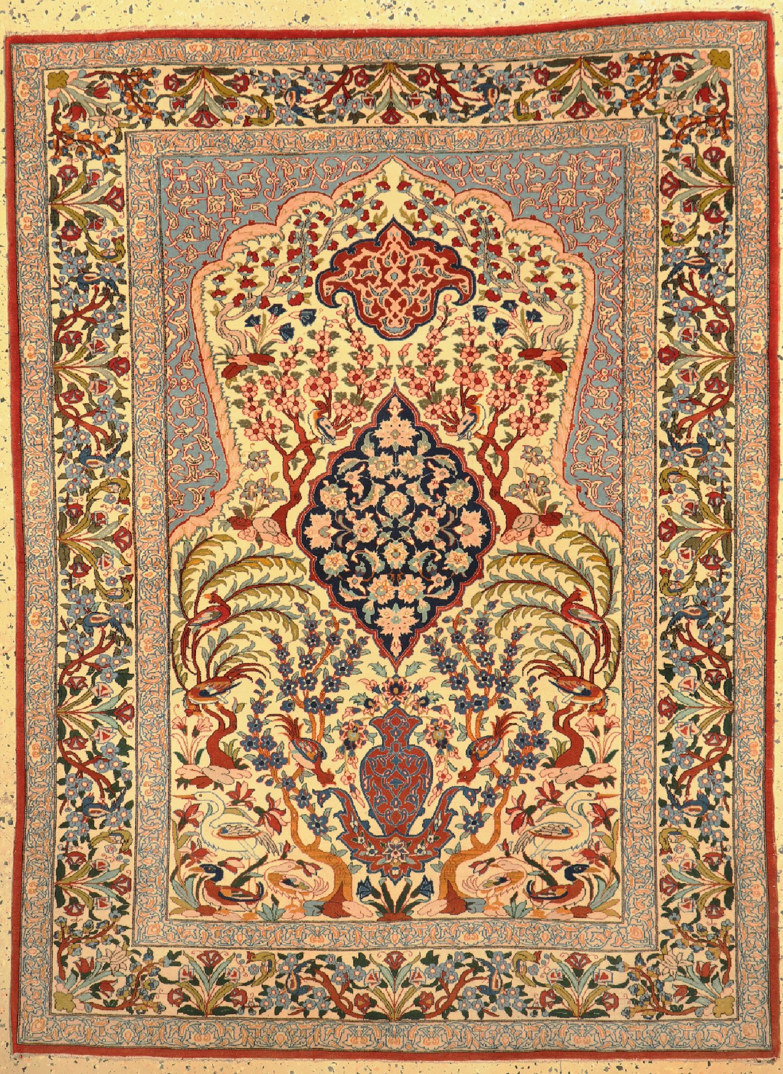 Esfahan fein, Persien, um 1950, Korkwolle auf Seide, ca. 165 x 125 cm, ca. 1,0 Mio. Kn/qm, fachkundig gereinigt, EHZ: 1-2