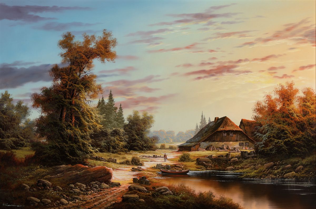 Gerber, Pseudonym des Manfred Herzog, geb. 1949 Ludwigshafen, pastorale Landschaft im Abendlicht, Öl/Lwd, signiert, Rahmen 75x103 cm