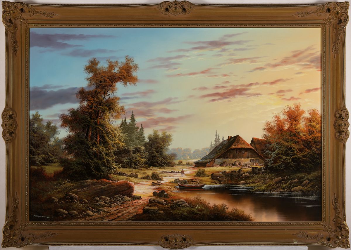 Detail k: Gerber, Pseudonym des Manfred Herzog, geb. 1949 Ludwigshafen, pastorale Landschaft im Abendlicht, Öl/Lwd, signiert, Rahmen 75x103 cm