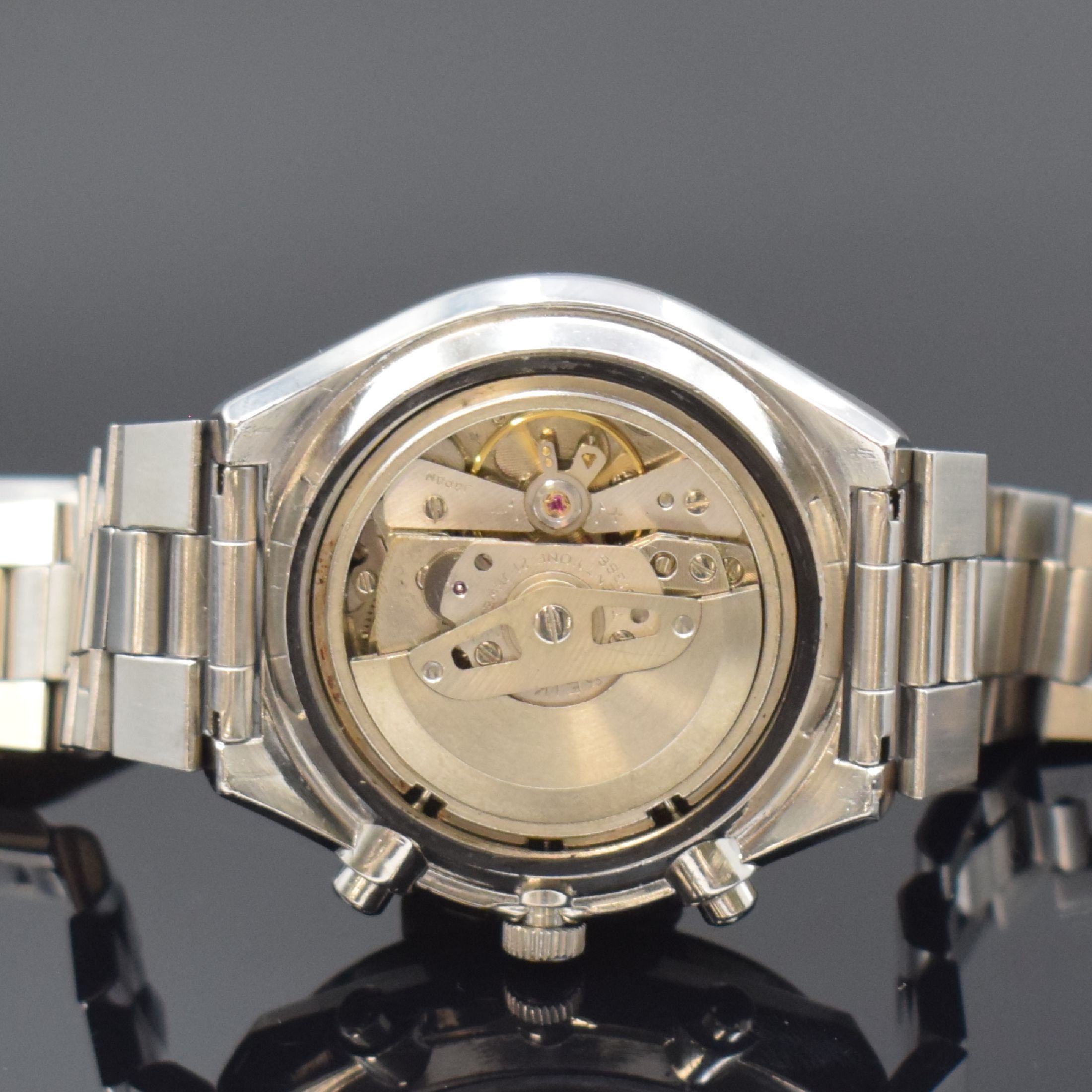Detail f: SEIKO Schaltradchronograph Referenz 6138-0030 in Stahl, Japan um 1975, Automatik, verschr. Geh., orig. Stahlband, blaue Tachymeter- Lünette, blaues ...