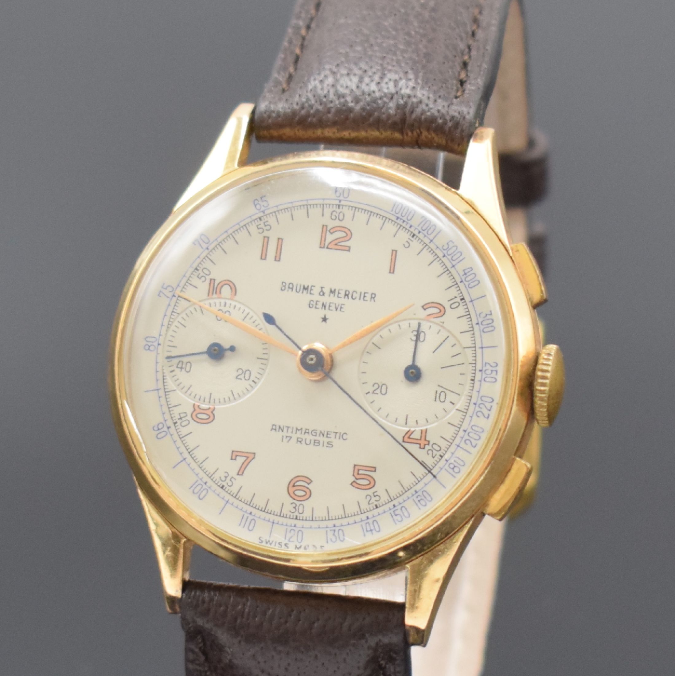 Detail a: BAUME & MERCIER Armbandchronograph in RG 750/000, Schweiz um 1945, Handaufzug, gedr. Geh. dell., Metall-Innendeckel, silb. Zifferbl. rest., gold. ...