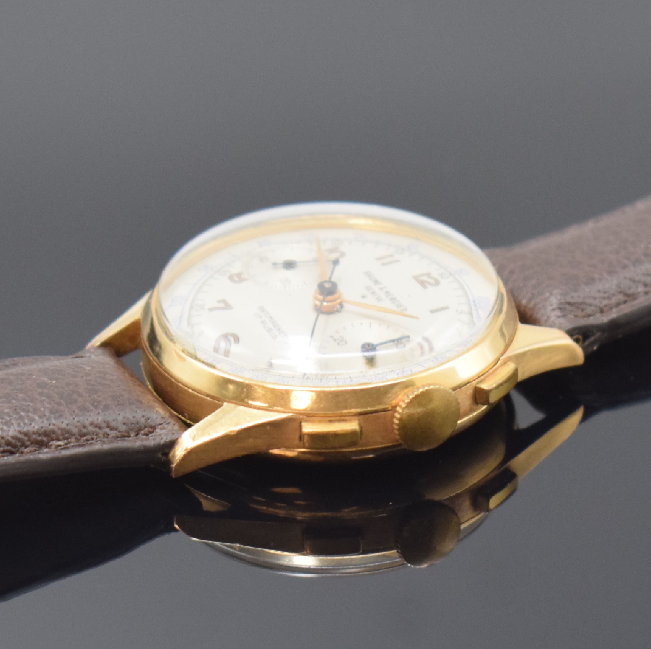 Detail b: BAUME & MERCIER Armbandchronograph in RG 750/000, Schweiz um 1945, Handaufzug, gedr. Geh. dell., Metall-Innendeckel, silb. Zifferbl. rest., gold. ...