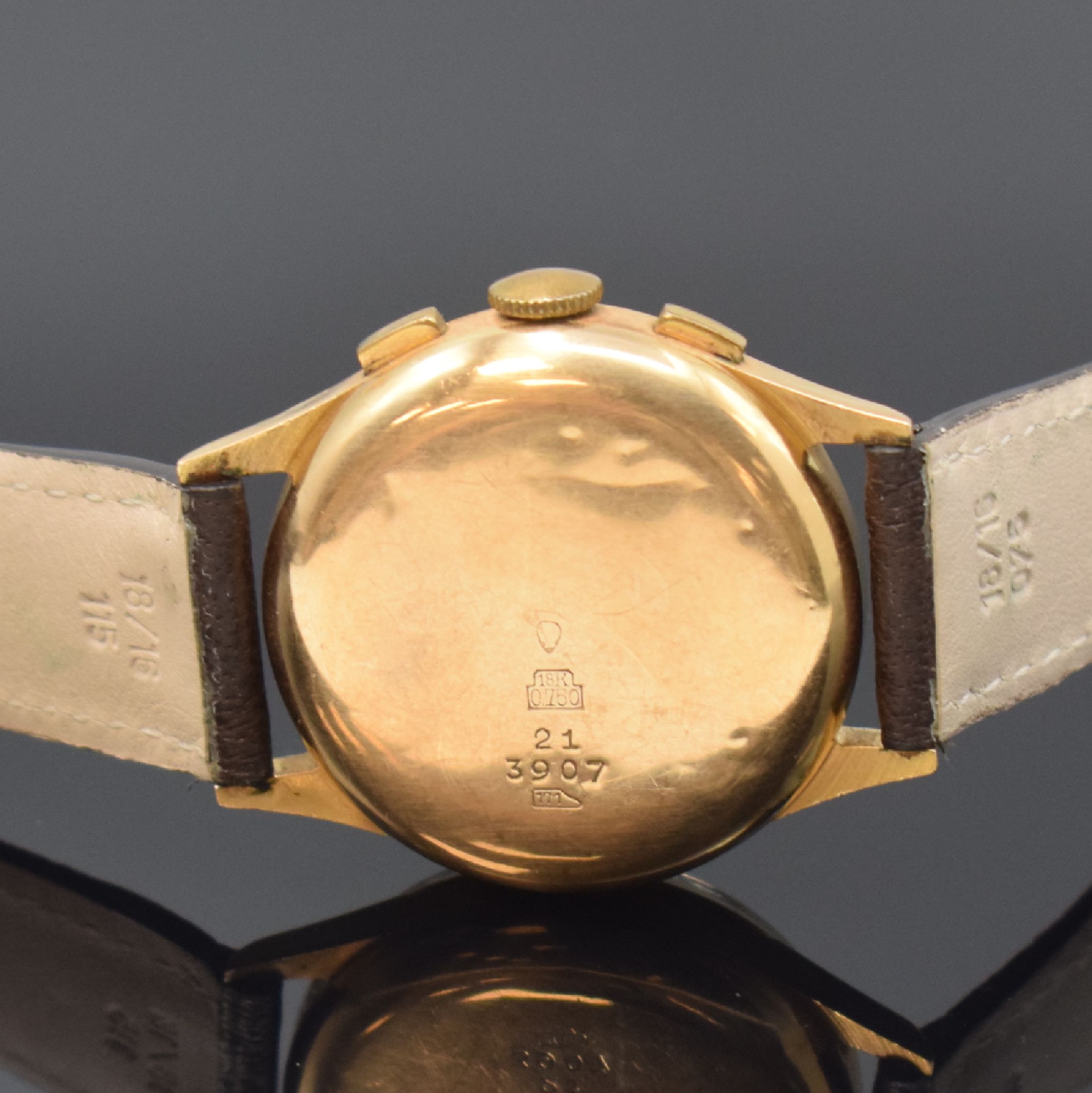 Detail c: BAUME & MERCIER Armbandchronograph in RG 750/000, Schweiz um 1945, Handaufzug, gedr. Geh. dell., Metall-Innendeckel, silb. Zifferbl. rest., gold. ...