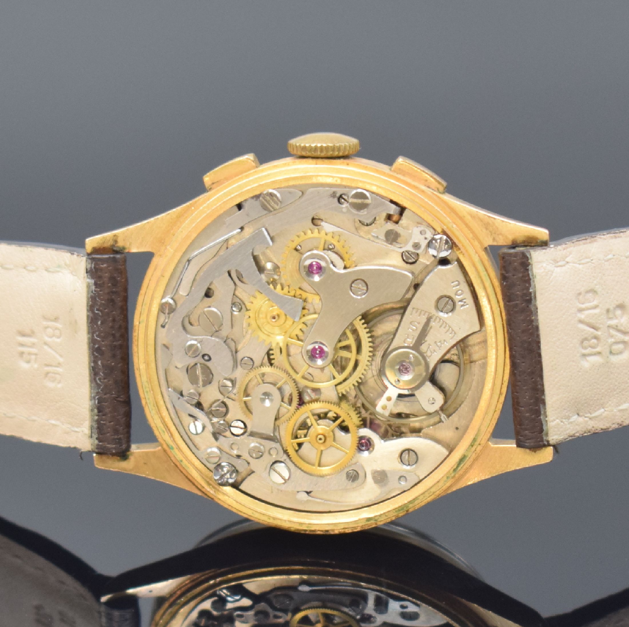 Detail e: BAUME & MERCIER Armbandchronograph in RG 750/000, Schweiz um 1945, Handaufzug, gedr. Geh. dell., Metall-Innendeckel, silb. Zifferbl. rest., gold. ...