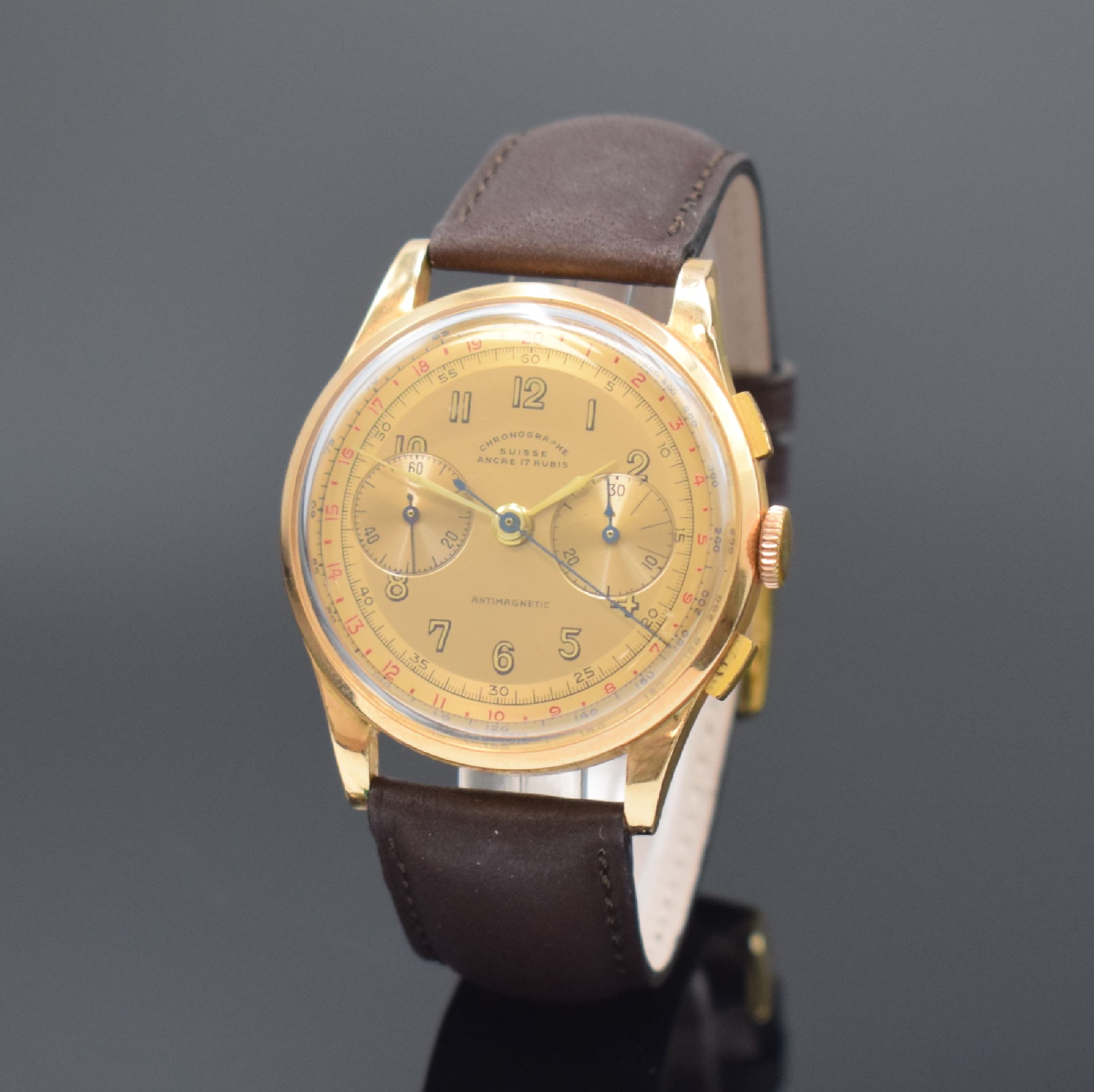 CHRONOGRAPHE SUISSE Armbandchronograph in RG 750/000, Schweiz um 1945, Handaufzug, gedr. Geh. dell., Metall-Innendeckel, sehr schönes gold. ...