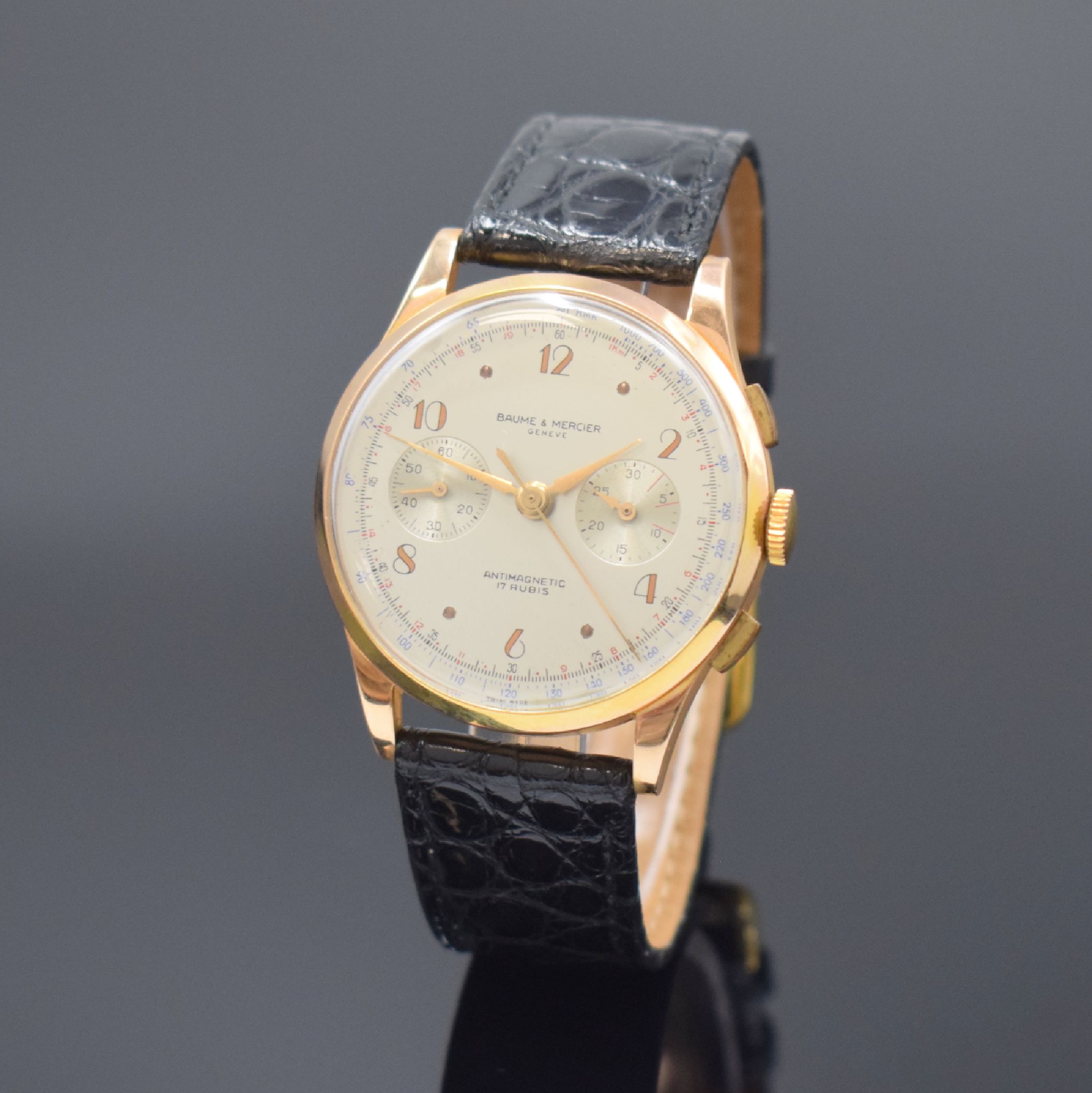 BAUME & MERCIER Armbandchronograph in RG 750/000, Schweiz um 1945, Handaufzug, gedr. Geh. dell., Rückdeckel zu richten, Metall Innendeckel, silb. ...