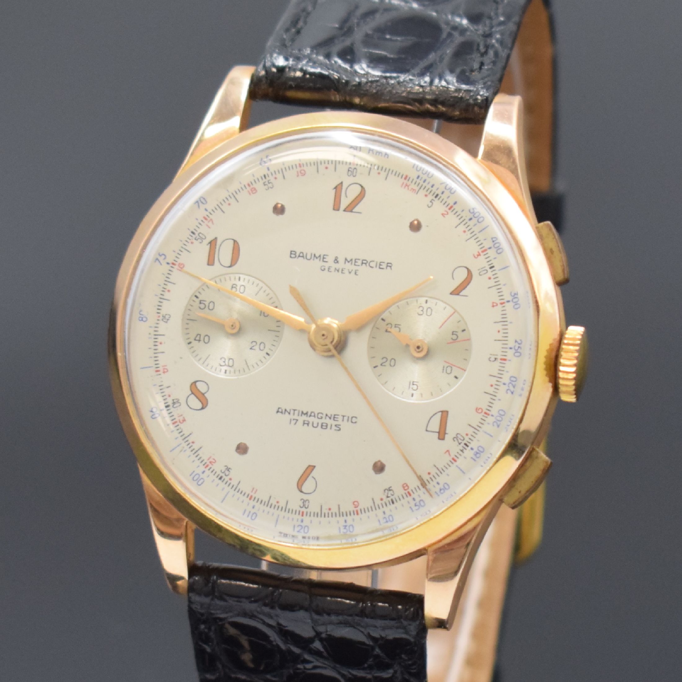 Detail a: BAUME & MERCIER Armbandchronograph in RG 750/000, Schweiz um 1945, Handaufzug, gedr. Geh. dell., Rückdeckel zu richten, Metall Innendeckel, silb. ...
