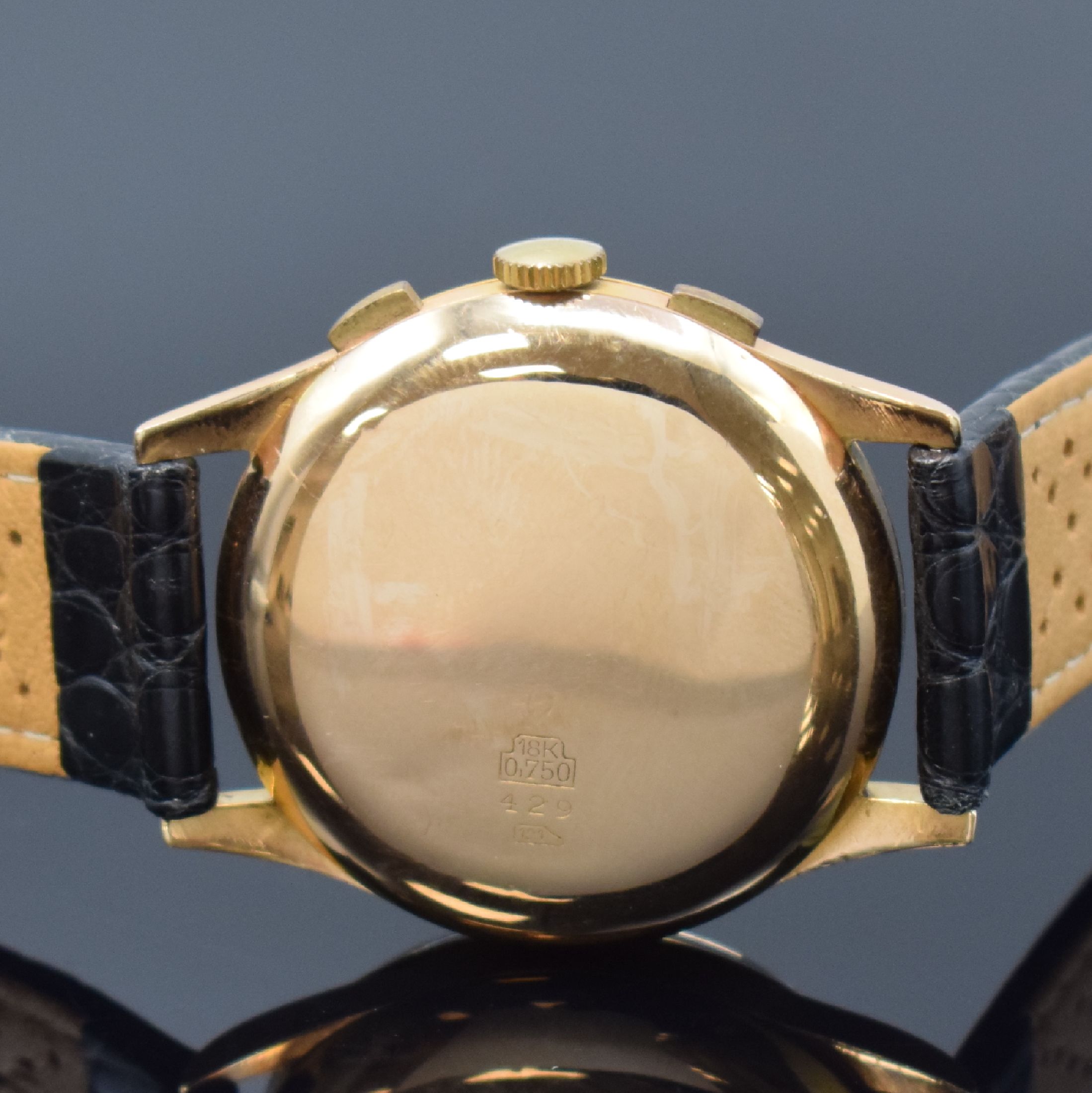 Detail c: BAUME & MERCIER Armbandchronograph in RG 750/000, Schweiz um 1945, Handaufzug, gedr. Geh. dell., Rückdeckel zu richten, Metall Innendeckel, silb. ...