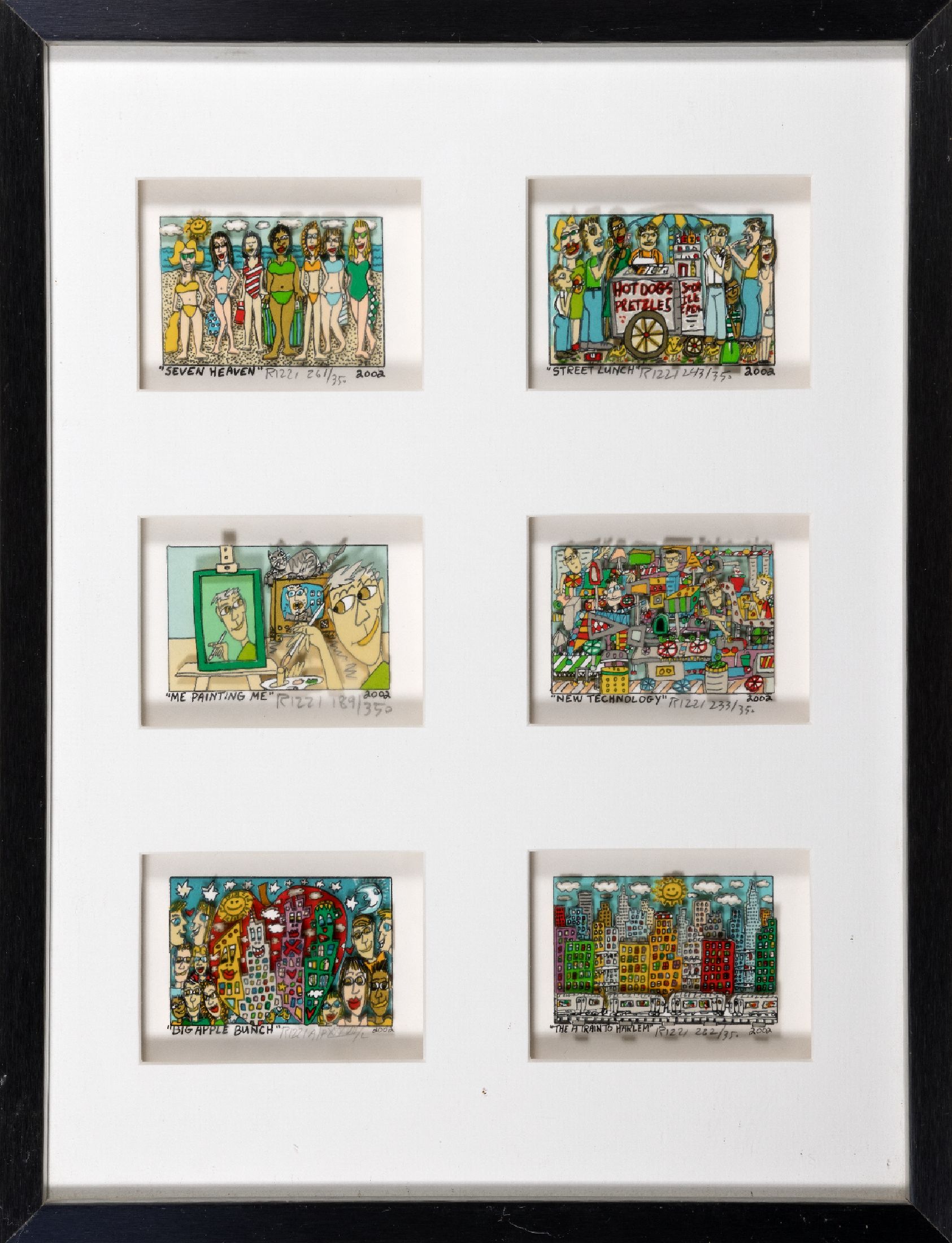 James Rizzi, 1950-2011 New York, 6 kleine dreidimensionale Farblithographien von 2002, alle handsign. und num. aus 350er Auflage, je ca. 5x7.5cm, PP, ...