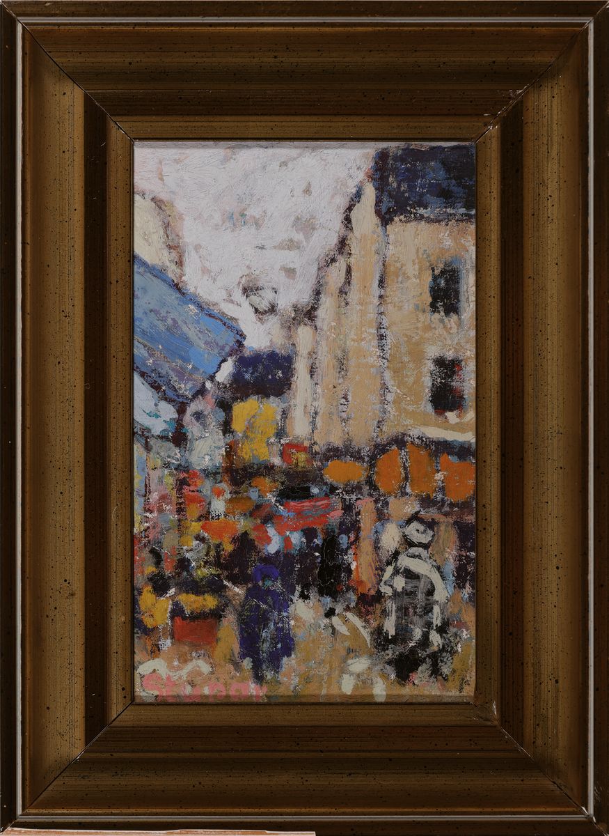 Detail l: Marko Stupar, 1936 Bozanski Petrovac/Bosnien -2021, drei Gemälde in Öl/Lwd, 1x Tischstillleben mit Teekanne, Tasse und Obst auf bunter Decke, ca. ...