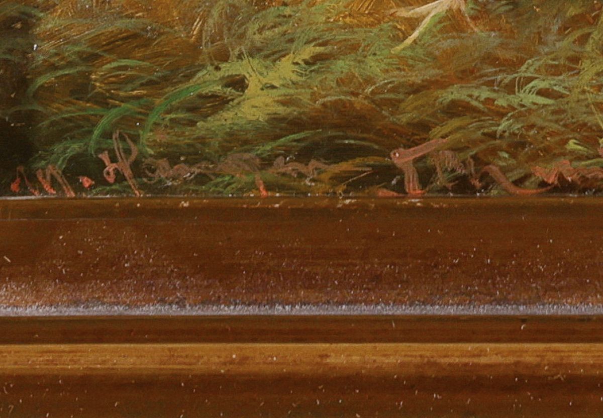 Detail a: Max Hänger, 1898-1961 München, Hahn, Hühner und Fasan auf dem Hof an der Wasserstelle, Öl/Holz, links unten sign. und bez. München, ca. 18x24cm, ...