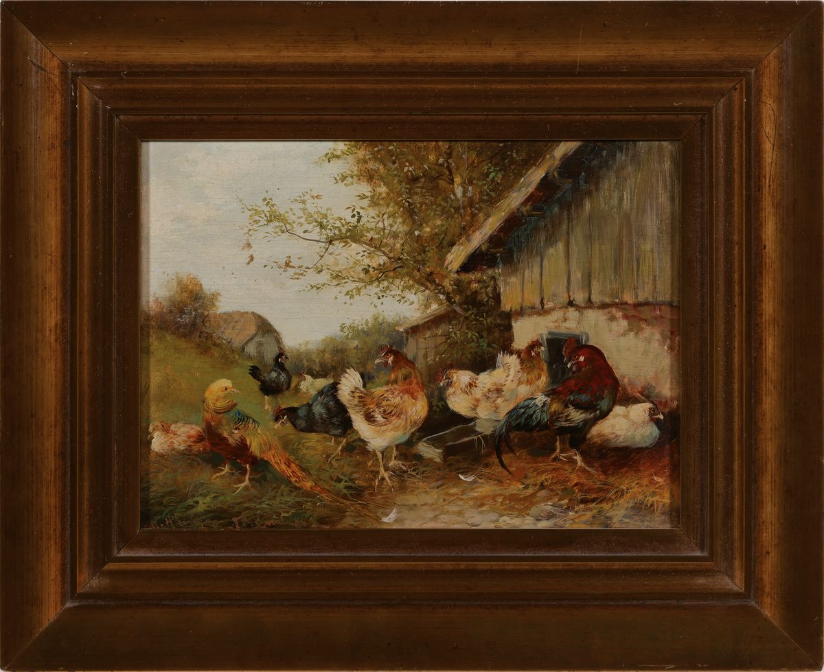 Detail k: Max Hänger, 1898-1961 München, Hahn, Hühner und Fasan auf dem Hof an der Wasserstelle, Öl/Holz, links unten sign. und bez. München, ca. 18x24cm, ...