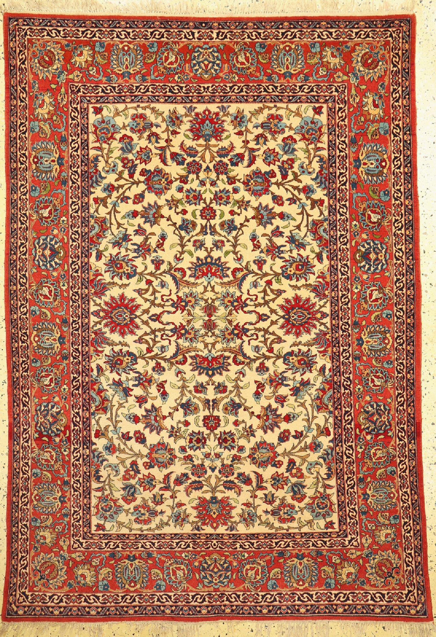Esfahan fein antik, Persien, um 1900, Korkwolle auf Seide, ca. 205 x 140 cm, ca. 1,0Mio. Kn/qm, gereinigt, EHZ: 2