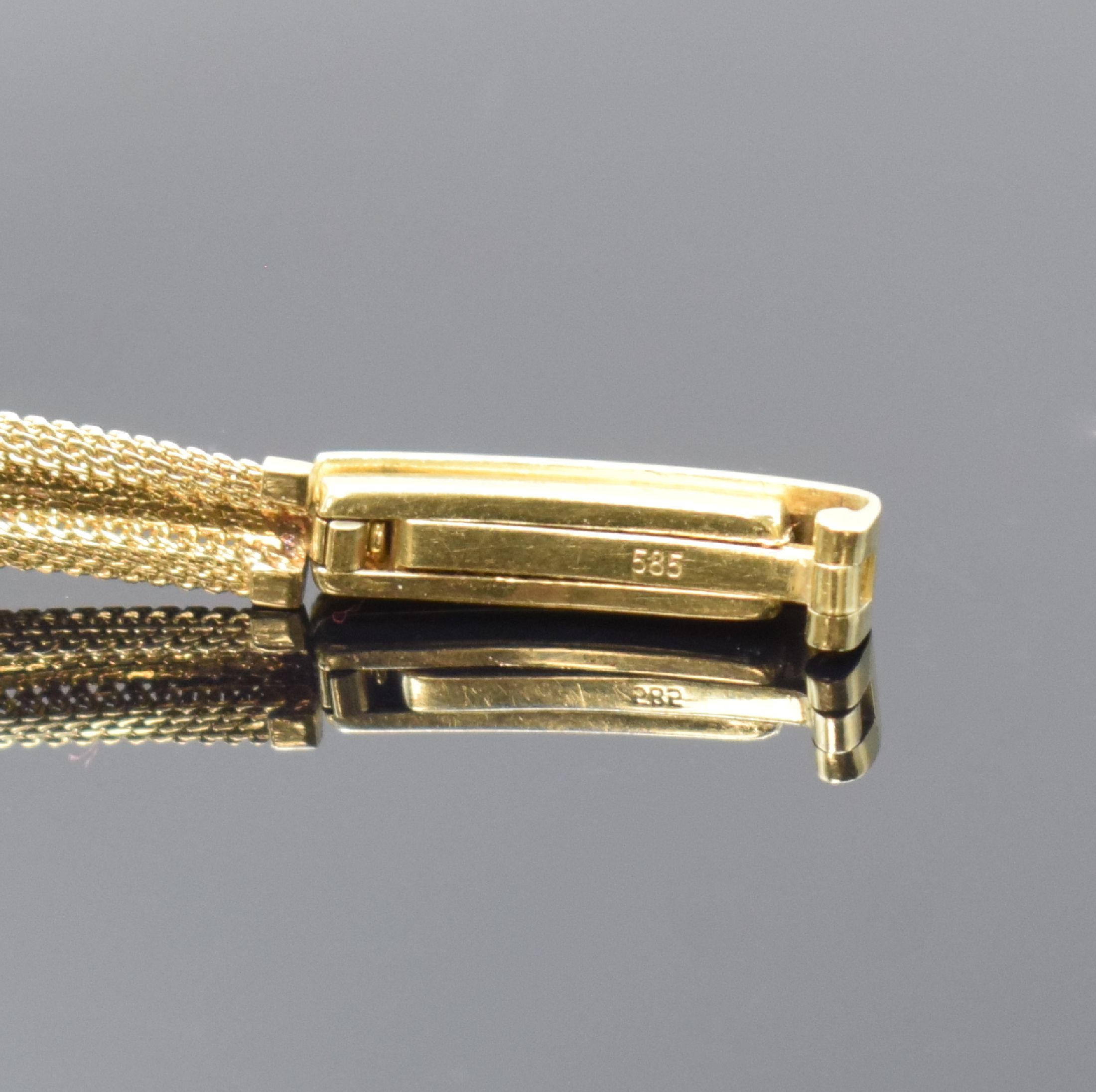 Detail b: ESCO Damenarmbanduhr in GG 585/000, Schweiz um 1965, Handaufzug, gedr. Geh., anges. Milanaiseband, silb. Zifferbl., gold. Indizes u. -zeiger, ...