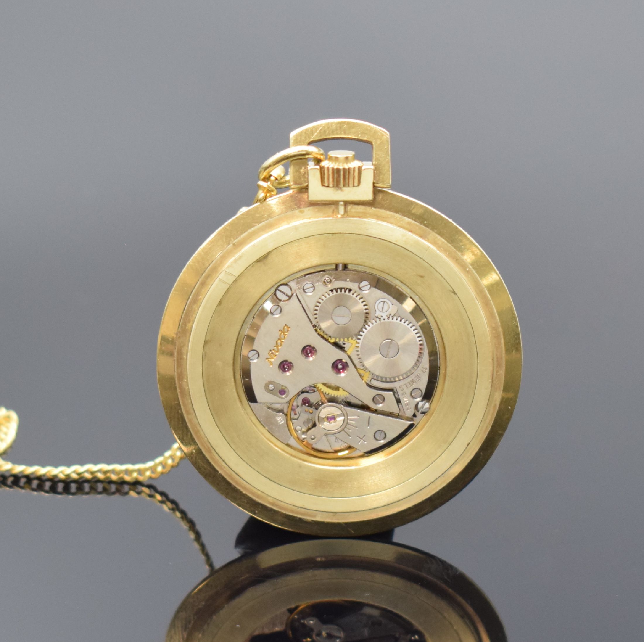 Detail d: CARTANA / NIVADA Frack-Savonette mit Kette in GG 585/000, Schweiz um 1970, satiniertes Geh., silb. Zifferbl., gold. Indizes u. Zeigern, vern. Werk ...